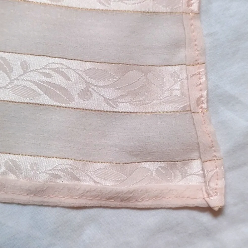 Vintage Handmade Sheer Scarf Pink & Gold Striped with Leaf Pattern, 36.5